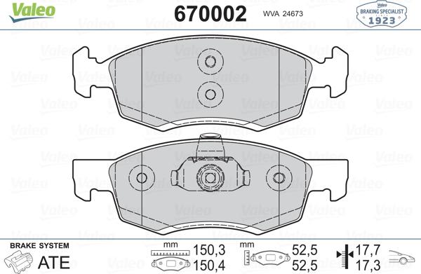 Valeo 670002 - Bremsbelagsatz, Scheibenbremse alexcarstop-ersatzteile.com