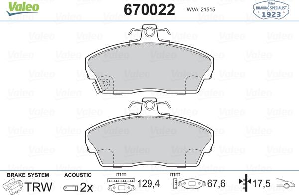 Valeo 670022 - Bremsbelagsatz, Scheibenbremse alexcarstop-ersatzteile.com