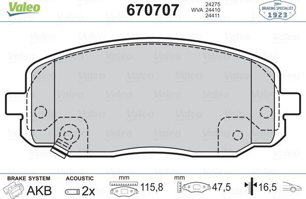 Valeo 670707 - Bremsbelagsatz, Scheibenbremse alexcarstop-ersatzteile.com