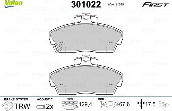 Valeo 301022 - Bremsbelagsatz, Scheibenbremse alexcarstop-ersatzteile.com