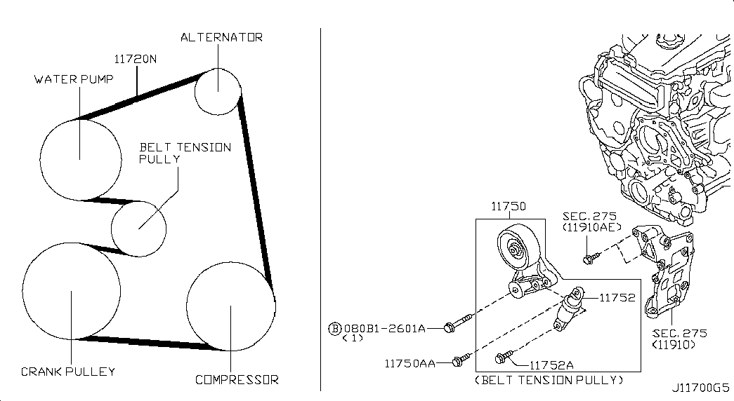 NISSAN 117522W20A - Umlenk / Führungsrolle, Keilrippenriemen alexcarstop-ersatzteile.com